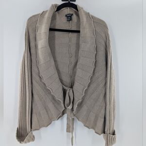 Doncaster Collection 100% Merino Wool Ruffle Cardigan Wrap Sweater Tan Large